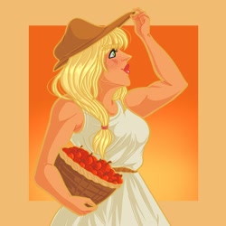 Size: 2000x2000 | Tagged: safe, artist:starsbursts, applejack, human, g4, apple, applejack's hat, basket, clothes, cottagecore, cowboy hat, cute, dress, female, food, freckles, hat, high res, humanized, jackabetes, muscles, solo