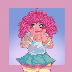 Size: 2000x2000 | Tagged: safe, artist:starsbursts, pinkie pie, human, g4, alternate hairstyle, clothes, cute, diapinkes, female, grin, high res, humanized, lipstick, makeup, shirt, skirt, smiling, socks, solo, stockings, striped socks, thigh highs