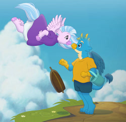 Size: 908x880 | Tagged: safe, artist:faitheverlasting, gallus, silverstream, classical hippogriff, griffon, hippogriff, g4, boat, bucket, clothes, dress, female, flying, looking at each other, looking at someone, male, parody, ponyo, ship:gallstream, shipping, shirt, shorts, straight, studio ghibli