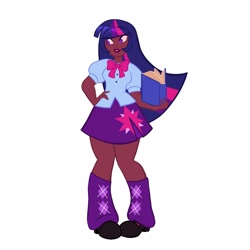 Size: 1650x1650 | Tagged: safe, artist:starsbursts, twilight sparkle, human, equestria girls, g4, book, boots, bowtie, clothes, cute, dark skin, female, grin, humanized, leg warmers, shirt, shoes, simple background, skirt, smiling, socks, solo, twiabetes, white background