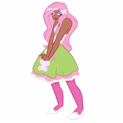 Size: 1650x1650 | Tagged: safe, artist:starsbursts, fluttershy, human, equestria girls, g4, alternate hairstyle, clothes, cute, dark skin, eyes closed, female, flats, humanized, lipstick, shoes, shyabetes, simple background, skirt, socks, solo, stockings, tank top, thigh highs, white background