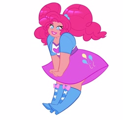 Size: 1650x1650 | Tagged: safe, artist:starsbursts, pinkie pie, human, g4, alternate hairstyle, boots, chubby, clothes, cute, diapinkes, female, grin, high heel boots, humanized, jacket, lipstick, makeup, pigtails, shirt, shoes, simple background, skirt, smiling, solo, t-shirt, twintails, white background