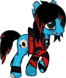 Size: 906x1072 | Tagged: safe, artist:lightningbolt, derpibooru exclusive, oc, oc only, oc:emo lad, earth pony, pony, undead, zombie, zombie pony, g4, .svg available, bags under eyes, bloodshot eyes, bone, clothes, dyed mane, dyed tail, ear piercing, earring, hair over one eye, hood down, hoodie, jewelry, leg band, lidded eyes, long sleeves, male, piercing, scar, shirt, show accurate, simple background, solo, stalker, stalking, stallion, stitches, svg, tail, torn clothes, torn ear, transparent background, undershirt, vector