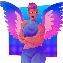 Size: 1650x1650 | Tagged: safe, artist:starsbursts, zipp storm, human, g5, abs, adorazipp, alternate hairstyle, belly button, clothes, crossed arms, cute, ear piercing, earring, female, grin, humanized, jewelry, leggings, lip piercing, lipstick, makeup, midriff, muscles, piercing, smiling, snake bites, solo, sports bra, winged humanization, wings