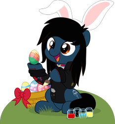 Size: 4662x5000 | Tagged: safe, alternate version, artist:jhayarr23, earth pony, pony, bring me the horizon, bunny ears, clothes, commission, easter, easter egg, egg, equestria girls ponified, happy, holiday, hoodie, hoof hold, lip piercing, long sleeves, male, oliver sykes, outdoors, paintbrush, piercing, ponified, simple background, sitting, solo, stallion, tattoo, transparent background, underhoof, ych result