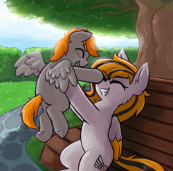 Size: 1987x1960 | Tagged: safe, artist:rivibaes, oc, oc only, oc:feather river, pegasus, pony, bench, colt, commission, eyes closed, female, foal, male, mother and child, smiling, tree, upsies, ych result
