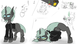 Size: 3094x1788 | Tagged: safe, artist:ashel_aras, oc, oc only, changeling, fish, aquarium, camera, camera shot, changeling oc, clothes, comic, confusion, deception, dissatisfied, embarrassed, frying pan, funny, grin, licking, licking lips, photo, pockets, question mark, raised tail, revenge, sketch, smiling, tail, tongue out