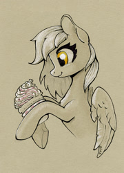 Size: 864x1200 | Tagged: safe, artist:maytee, derpy hooves, pegasus, pony, g4, bust, female, food, leg hold, muffin, partial color, portrait, profile, shading, side view, simple background, smiling, solo, traditional art