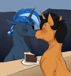 Size: 2888x3072 | Tagged: safe, artist:luxsimx, oc, oc only, oc:high tide, oc:star, pony, unicorn, cake, commission, duo, food, gay, high res, kissing, male