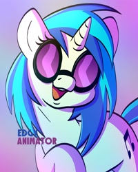 Size: 2000x2500 | Tagged: safe, artist:edgyanimator, derpibooru exclusive, dj pon-3, vinyl scratch, pony, unicorn, g4, background pony, blue hair, blue mane, bust, cel shading, cute, eyelashes, female, firealpaca, front view, glasses, head tilt, hidden eyes, high res, horn, looking at you, mare, multicolored background, open mouth, open smile, portrait, raised hoof, shading, signature, simple background, simple shading, smiling, solo, sternocleidomastoid, sunglasses, tail, teeth, vinyl's glasses, vinylbetes, white coat