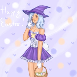 Size: 1280x1280 | Tagged: safe, artist:moni0ka, trixie, human, g4, alternate hairstyle, basket, clothes, dress, easter basket, easter bunny, easter egg, female, gloves, hat, humanized, shirt, skirt, solo, waving, witch hat