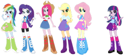 Size: 1024x455 | Tagged: safe, artist:pdorothynics, applejack, fluttershy, pinkie pie, rainbow dash, rarity, twilight sparkle, alicorn, human, equestria girls 10th anniversary, equestria girls, g4, magical mystery cure, anniversary, anniversary art, applejack's cowboy boots, belt, boots, boots swap, clothes, clothes swap, cowboy boots, cowboy hat, cutie mark swap, eqg promo pose set, equestria girls interpretation, female, fluttershy's boots, fluttershy's socks, hat, high heel boots, humane five, humane six, jacket, magical mystery cure 10th anniversary, pinkamena diane pie, pinkie pie's boots, pleated skirt, rainbow dash's boots, rainbow dash's clothes, rainbow dash's socks, rarity's purple boots, scene interpretation, shirt, shoes, shrugging, simple background, skirt, socks, swapped cutie marks, transparent background, twilight sparkle (alicorn), vest, what my cutie mark is telling me