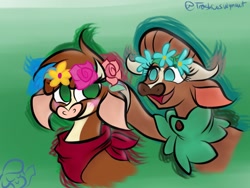 Size: 1200x900 | Tagged: safe, artist:toxiccoswynaut, arizona (tfh), madison (tfh), cow, them's fightin' herds, blushing, community related, duo, floral head wreath, flower, neckerchief, open mouth, open smile, signature, smiling