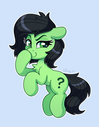 Size: 1830x2343 | Tagged: safe, artist:dandy, oc, oc only, oc:filly anon, earth pony, pony, blue background, boop, chest fluff, earth pony oc, female, filly, floppy ears, foal, high res, looking at you, nose wrinkle, self-boop, simple background, smiling, smirk, smug, solo
