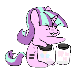 Size: 556x556 | Tagged: safe, artist:guwauu, starlight glimmer, pony, unicorn, g4, animated, bongos, egalitarianism, equal cutie mark, equalized, evil grin, female, gif, grin, implied fluttershy, implied pinkie pie, jar, mare, s5 starlight, simple background, smiling, solo, transparent background