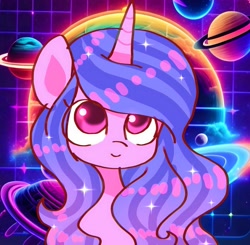 Size: 1881x1840 | Tagged: safe, artist:jaanhavi, izzy moonbow, pony, unicorn, g5, abstract background, bust, cute, female, izzybetes, jewelry, looking up, mare, planet, ring, saturn, smiling, solo, space