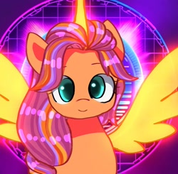 Size: 1881x1840 | Tagged: safe, artist:jaanhavi, sunny starscout, alicorn, pony, g5, abstract background, artificial alicorn, artificial horn, artificial wings, augmented, bust, cute, female, horn, magic, magic horn, magic wings, mane stripe sunny, mare, race swap, smiling, solo, spread wings, sunnybetes, sunnycorn, wings