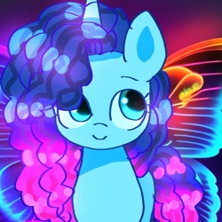Size: 1024x1024 | Tagged: safe, artist:jaanhavi, misty brightdawn, pony, unicorn, g5, abstract background, bust, butterfly wings, curly mane, cute, female, hair covering face, looking up, mare, mistybetes, smiling, solo, wings