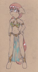 Size: 1536x2849 | Tagged: safe, artist:foxtrot3, oc, oc:hazel, earth pony, anthro, unguligrade anthro, slave, slave leia outfit, traditional art