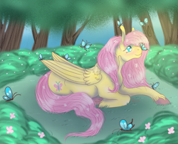 Size: 4000x3250 | Tagged: safe, artist:palindromegrace, fluttershy, butterfly, pegasus, pony, g4, female, forest, nature, solo