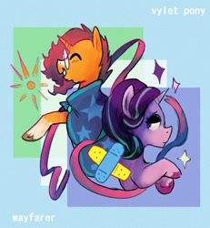 Size: 1160x1254 | Tagged: safe, artist:punkittdev, starlight glimmer, sunburst, pony, unicorn, cutiemarks (and the things that bind us), vylet pony, wayfarer, g4, blaze (coat marking), cloak, clothes, coat markings, commission, duo, duo male and female, eyes closed, facial markings, female, glasses, lidded eyes, male, mare, open mouth, open smile, ship:starburst, shipping, smiling, socks (coat markings), stallion, straight, sunburst's cloak, sunburst's glasses