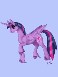 Size: 3000x4000 | Tagged: safe, artist:palindromegrace, twilight sparkle, alicorn, pony, g4, blue background, female, simple background, solo, twilight sparkle (alicorn), unshorn fetlocks