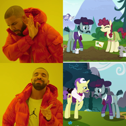 Size: 1000x1000 | Tagged: safe, edit, edited screencap, screencap, dandy grandeur, hilly hooffield, turner mccolt, earth pony, pony, g4, the hooffields and mccolts, drake, female, gay, hillturner, hooffield family, hooffield x mccolt, hotline bling, male, mccolt family, meme, shipping, stallion, straight, turnergrandeur