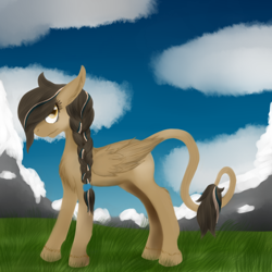 Size: 1000x1000 | Tagged: safe, artist:palindromegrace, oc, oc only, pegasus, pony, female, leonine tail, mountain, outdoors, pegasus oc, solo, tail