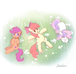 Size: 1326x1300 | Tagged: safe, artist:jaanhavi, apple bloom, scootaloo, sweetie belle, earth pony, pegasus, pony, unicorn, g4, adorabloom, cute, cutealoo, cutie mark crusaders, diasweetes, female, filly, flower, foal, grass, simple background, trio, white background