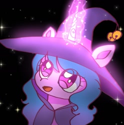 Size: 1433x1444 | Tagged: safe, artist:jaanhavi, izzy moonbow, pony, unicorn, g5, bells, cute, eye clipping through hair, female, glowing, glowing horn, hat, horn, izzybetes, mare, open mouth, open smile, smiling, solo, space background, stars, witch hat