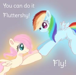 Size: 1531x1507 | Tagged: safe, artist:jaanhavi, fluttershy, rainbow dash, pegasus, pony, g4, blank flank, dialogue, duo, encouragement, encouraging, female, filly, filly fluttershy, filly rainbow dash, flying, looking at someone, reaching, smiling, spread wings, wings, younger