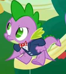 Size: 1425x1590 | Tagged: safe, screencap, spike, dragon, g4, the big mac question, annoyed, banner, bowtie, clothes, cropped, floating, flying, formal wear, solo, spike's second bow tie, suit, sweet apple acres, tree, tuxedo, winged spike, wings