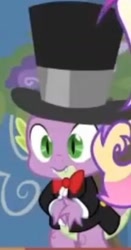 Size: 850x1620 | Tagged: safe, screencap, spike, dragon, a canterlot wedding, g4, bowtie, canterlot, canterlot castle, clothes, cropped, flower, hat, nervous, ring bearer, royal wedding, ruffled shirt, solo, spike's first bow tie, suit, tailcoat, top hat, tuxedo