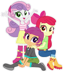 Size: 1280x1447 | Tagged: safe, artist:yaya54320, apple bloom, scootaloo, sweetie belle, human, equestria girls, g4, my little pony equestria girls: summertime shorts, the canterlot movie club, base used, boots, cutie mark crusaders, female, outline, shoes, simple background, sitting, standing, transparent background, trio, white outline