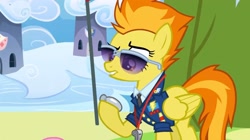 Size: 2160x1213 | Tagged: safe, screencap, spitfire, pegasus, pony, g4, wonderbolts academy, clothes, drill sergeant, female, mare, necktie, solo, spitfire's tie, spitfire's whistle, stopwatch, suit, uniform, whistle, whistle necklace, wonderbolts dress uniform