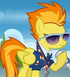 Size: 1083x1195 | Tagged: safe, screencap, spitfire, pegasus, pony, g4, wonderbolts academy, clothes, cropped, drill sergeant, female, mare, necktie, solo, spitfire's tie, spitfire's whistle, stopwatch, suit, sunglasses, uniform, whistle, wonderbolts dress uniform