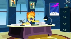 Size: 2160x1203 | Tagged: safe, screencap, spitfire, pegasus, pony, g4, wonderbolts academy, clothes, desk, drill sergeant, female, mare, necktie, office, poster, rug, solo, spitfire's office, spitfire's tie, suit, sunglasses, uniform, window, wonderbolts dress uniform