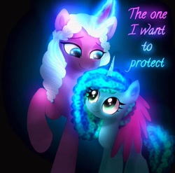 Size: 904x892 | Tagged: safe, artist:jaanhavi, misty brightdawn, opaline arcana, alicorn, pony, unicorn, g5, spoiler:g5, black background, cornrows, curly mane, curved horn, duo, duo female, female, glowing, glowing horn, horn, hug, looking at each other, looking at someone, magic, magic aura, mama opaline, mare, nicealine, out of character, raised hoof, ringlets, simple background, smiling, smiling at each other, standing, text, turned head, winghug, wings