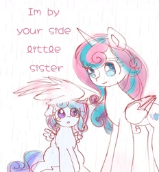 Size: 1204x1300 | Tagged: safe, artist:jaanhavi, princess flurry heart, oc, alicorn, pony, g4, alicorn oc, duo, female, filly, foal, horn, offspring, older, older flurry heart, parent:princess cadance, parent:shining armor, parents:shiningcadance, siblings, sisters, teary eyes, wing umbrella, wings