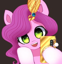 Size: 1380x1416 | Tagged: safe, artist:jaanhavi, pipp petals, pegasus, pony, g5, adorapipp, cellphone, cute, female, happy, headband, mare, open mouth, open smile, phone, simple background, smiling, solo