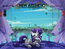 Size: 2160x1620 | Tagged: safe, artist:lendftcn, rarity, pony, unicorn, g4, balcony, curtains, female, film grain, glasses, hoof on chin, looking at you, lying down, mare, prone, rarity's glasses, solo, text