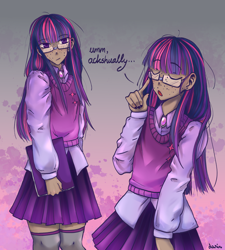 Size: 1800x2000 | Tagged: safe, artist:darin33, twilight sparkle, human, g4, book, clothes, dark skin, female, freckles, glasses, humanized, skirt, socks, solo, thigh highs, thigh socks, zettai ryouiki