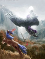 Size: 723x941 | Tagged: safe, artist:rover_and_over, oc, oc only, pegasus, pony, unicorn, duo, horn, pegasus oc, scenery, sword, unicorn oc, weapon