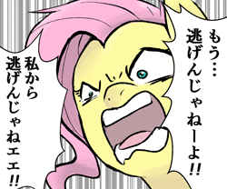 Size: 1200x1000 | Tagged: safe, artist:namekorori, fluttershy, pegasus, pony, g4, angry, demon slayer, female, japanese, open mouth, parody, solo, translated in the comments, volumetric mouth