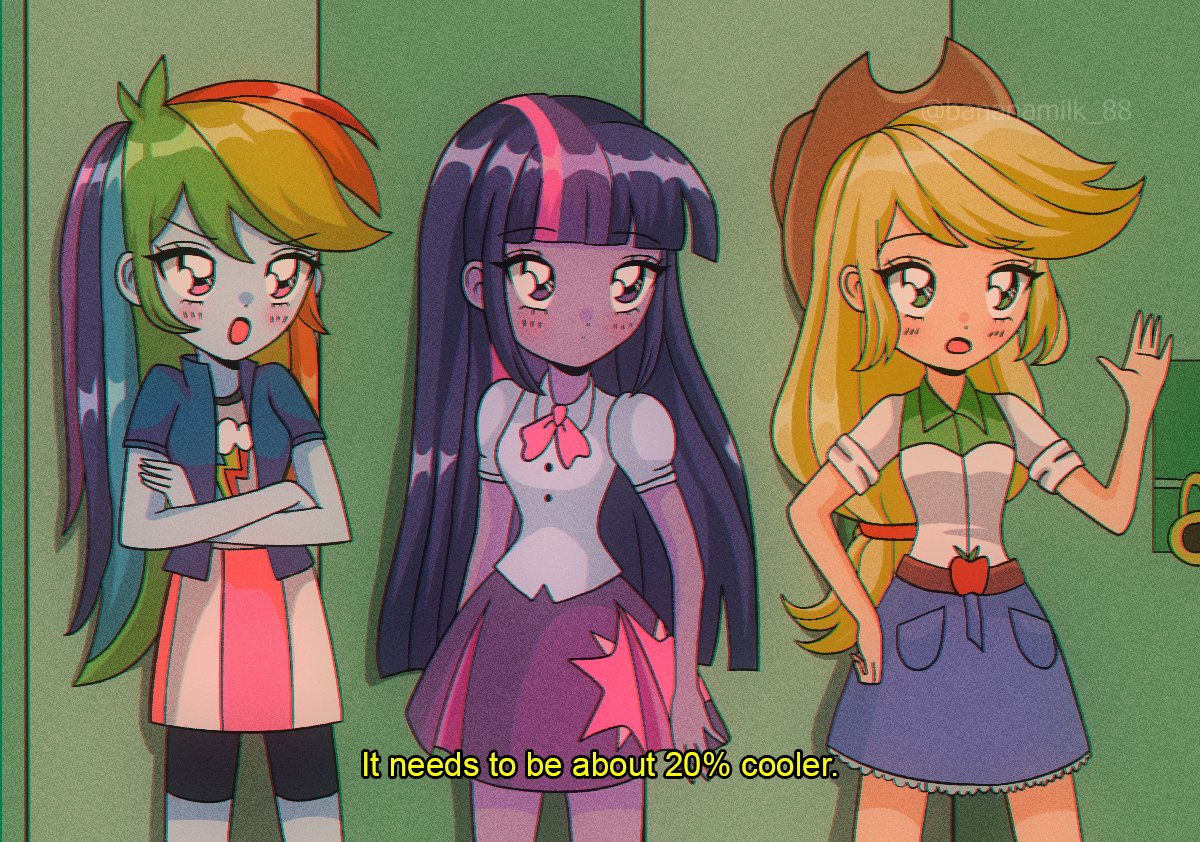 3107243 - safe, artist:bananamilk_88, applejack, rainbow dash, twilight  sparkle, human, equestria girls, g4, 20% cooler, 90s anime, anime style,  clothes, female, lockers, skirt, trio - Derpibooru