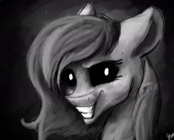 Size: 2180x1755 | Tagged: safe, artist:minckies, oc, oc only, earth pony, pony, black sclera, creepy, earth pony oc, grin, signature, smiling, solo