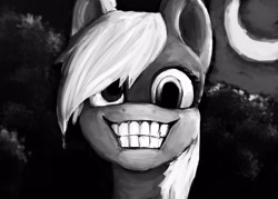 Size: 2100x1500 | Tagged: safe, artist:minckies, derpy hooves, pegasus, pony, g4, adoracreepy, black and white, bust, creepy, creepy grin, creepy smile, crescent moon, cute, female, grayscale, grin, mare, monochrome, moon, smiling, solo