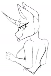 Size: 1354x1994 | Tagged: safe, artist:melodytheartpony, anthro, any species, back turned, closed hand, commission, female, looking at you, looking back, side eye, simple background, sketch, smiling, solo, tongue out, white background, ych sketch, your character here