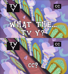 Size: 1600x1756 | Tagged: safe, edit, edited screencap, screencap, starlight glimmer, pony, unicorn, g4, season 6, the crystalling, breaking the fourth wall, closed captioning, cold opening, comic, dialogue, female, screencap comic, solo, television logo joke, text, tv rating, tv-y