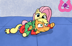 Size: 1006x643 | Tagged: safe, artist:author92, applejack, fluttershy, earth pony, pegasus, pony, g4, chokehold, clothed ponies, clothes, dougi, duo, gi, leg lock, martial arts, pinned, red face, smiling